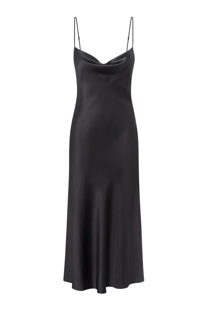 ALYSHA BLACK COWL NECK SILK SATIN MIDI DRESS