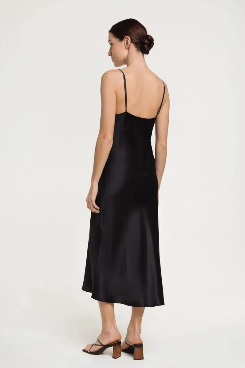 ALYSHA BLACK COWL NECK SILK SATIN MIDI DRESS