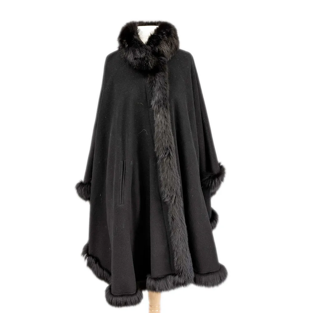 Cashmere with Fur Trim Black Poncho