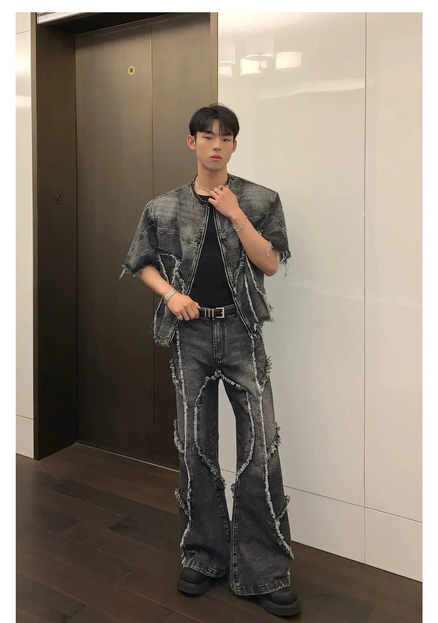 Cui Faded Tassel Raw Edge Denim Cardigan & Flared Jeans Set