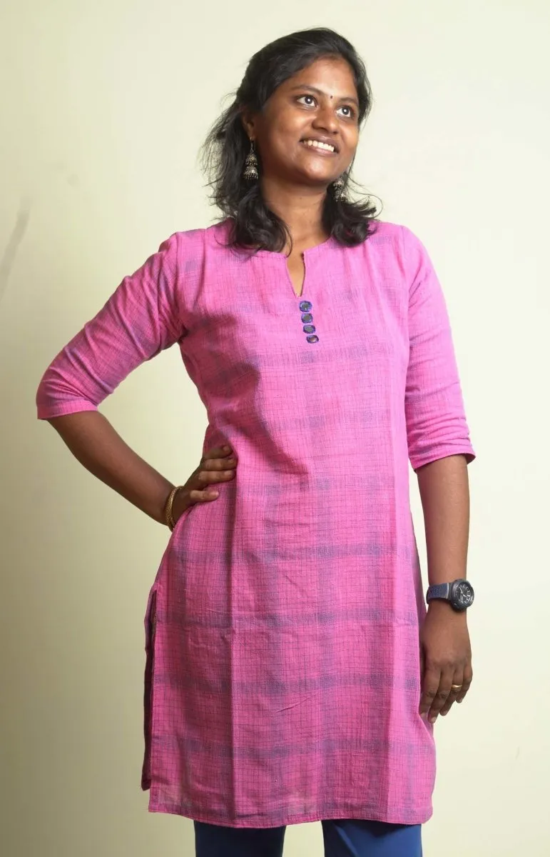 Organic handwoven cotton kurti - Pink Checked