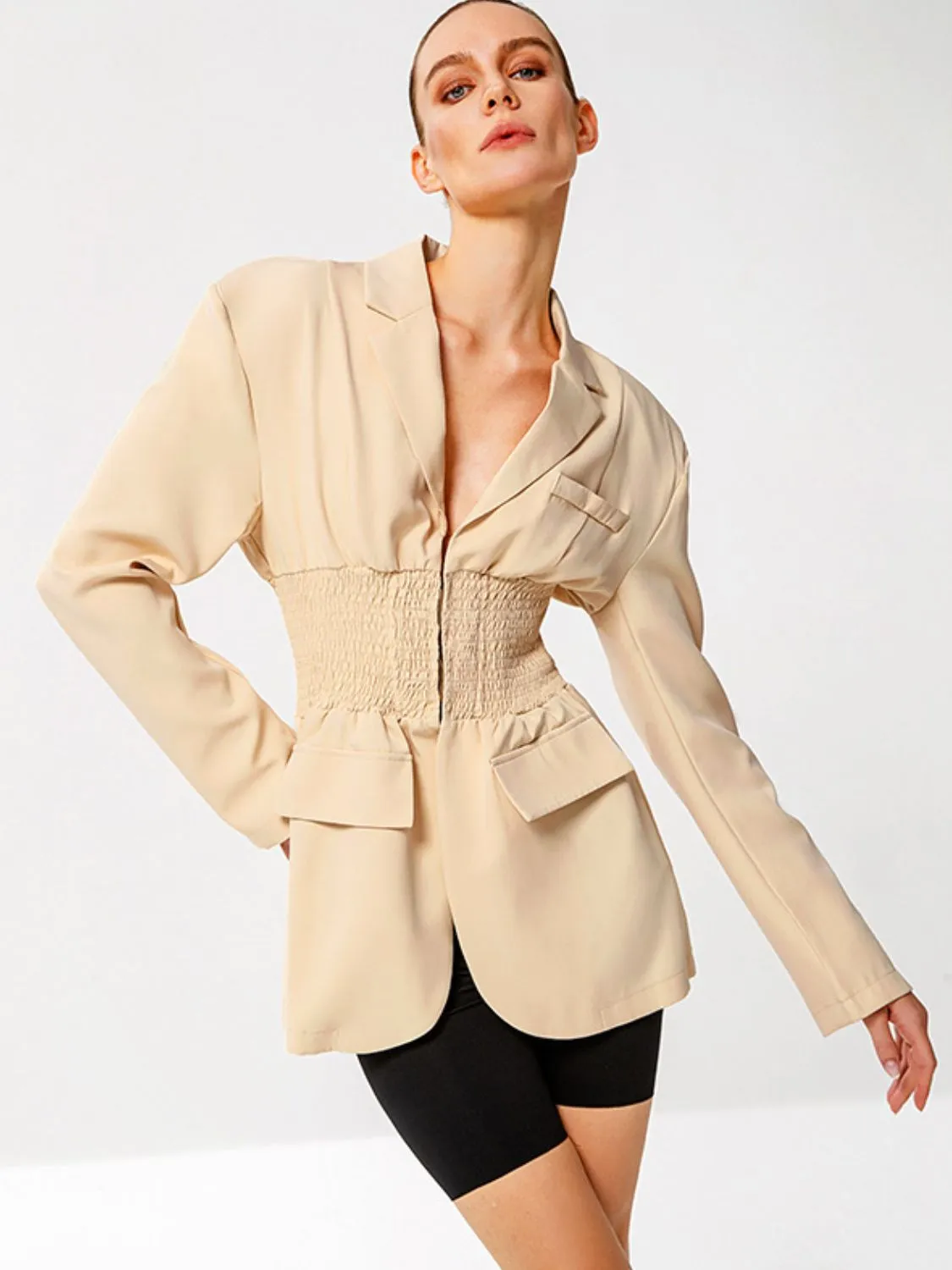 Smocked Waist Lapel Collar Blazer